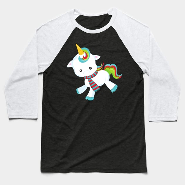 Christmas Unicorn, Cute Unicorn, New Year, Scarf Baseball T-Shirt by Jelena Dunčević